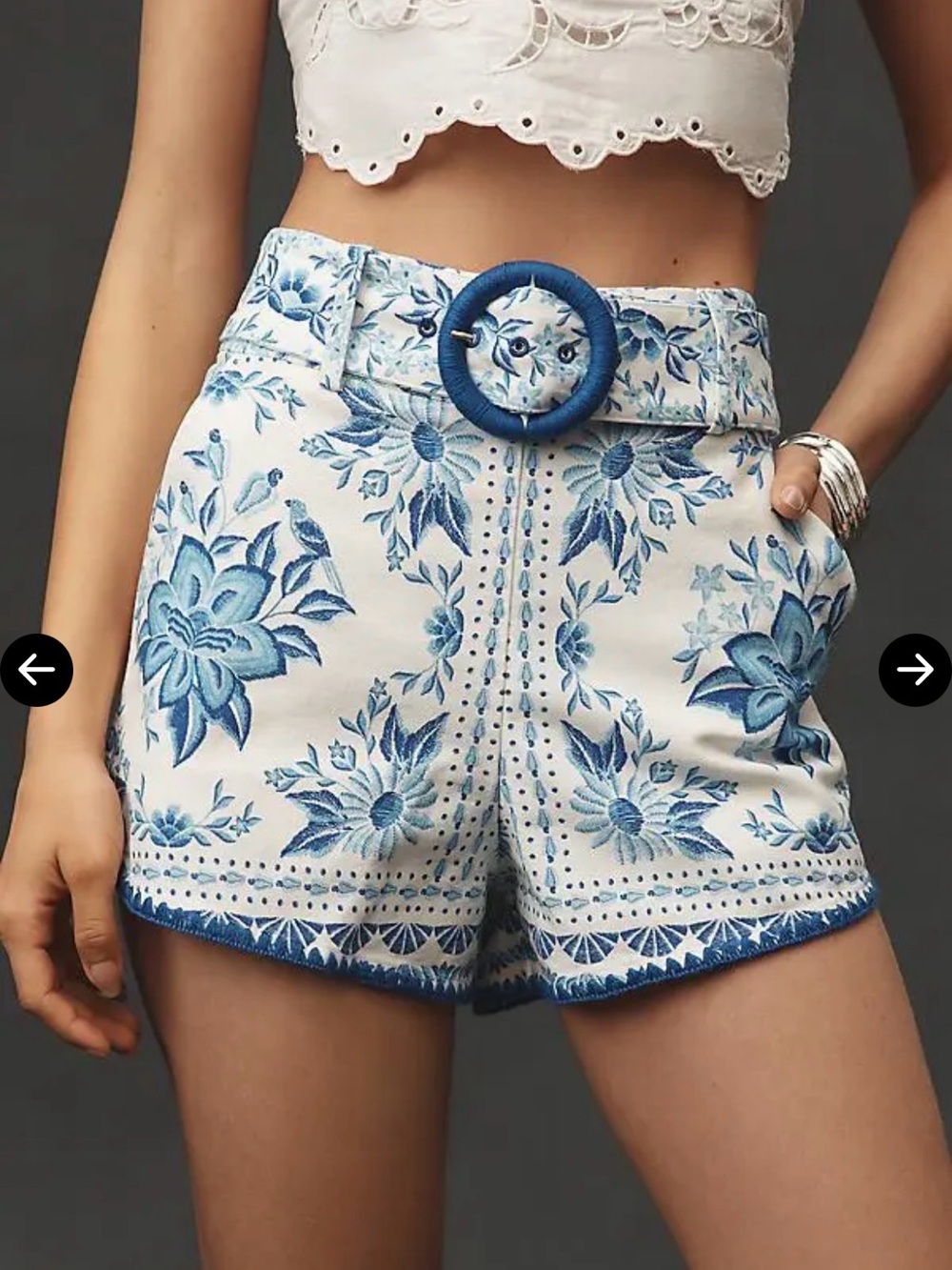 Anthropologie White Shorts with Blue Floral Embroidery and Matching Belt